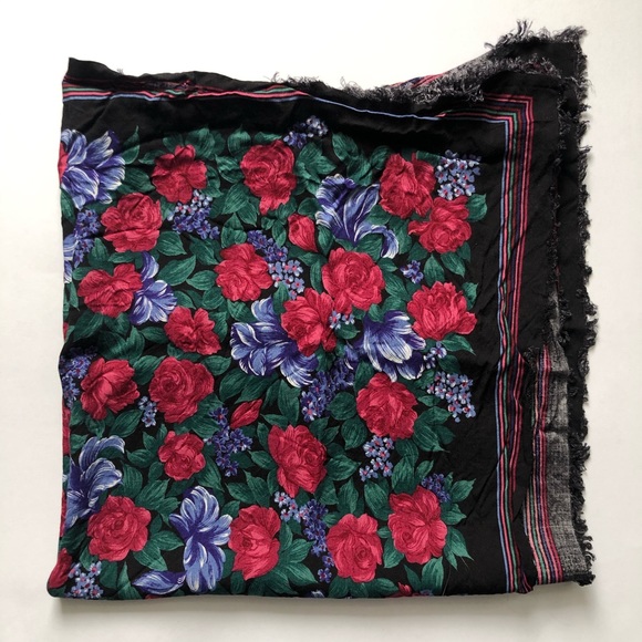 VINTAGE Framed Dark Floral Square Cotton Scarf